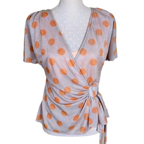 Anthropologie Eva Franco Sweetwater Wrap Top Size S Metallic Silver Polka Dot - Picture 14 of 14